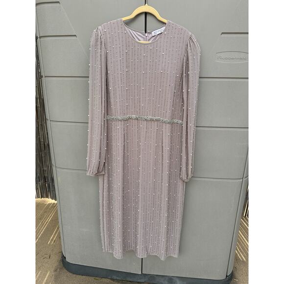 Mac Duggal 93622 LONG PUFF SLEEVE PEARL BEADED MIDI DRESS VINTAGE LILAC SZ 20 - Picture 11 of 16